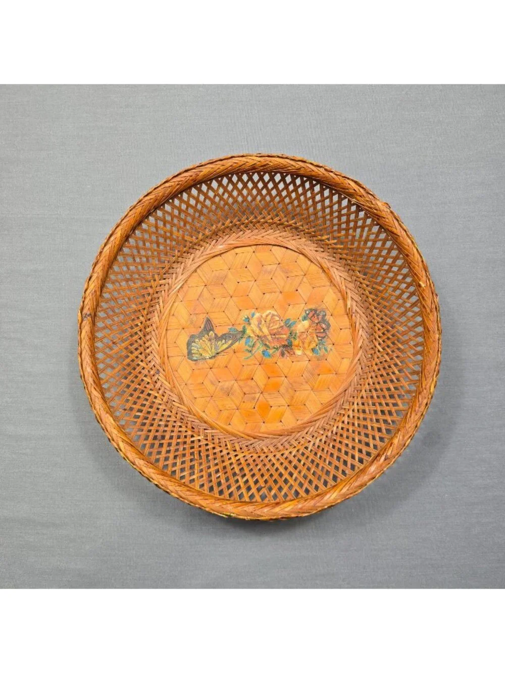 Vintage Woven Bamboo Basket Floral Butterfly Painted Round 11 Inch Wall Decor